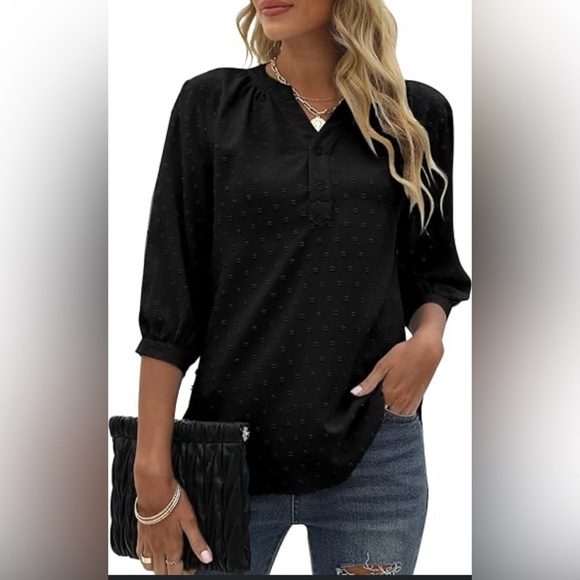 Bequemer Laden Tops - Women’s Bequemer Laden Summer V-Neck 3/4 Sleeve Blouse Swiss Dot Tunic Top